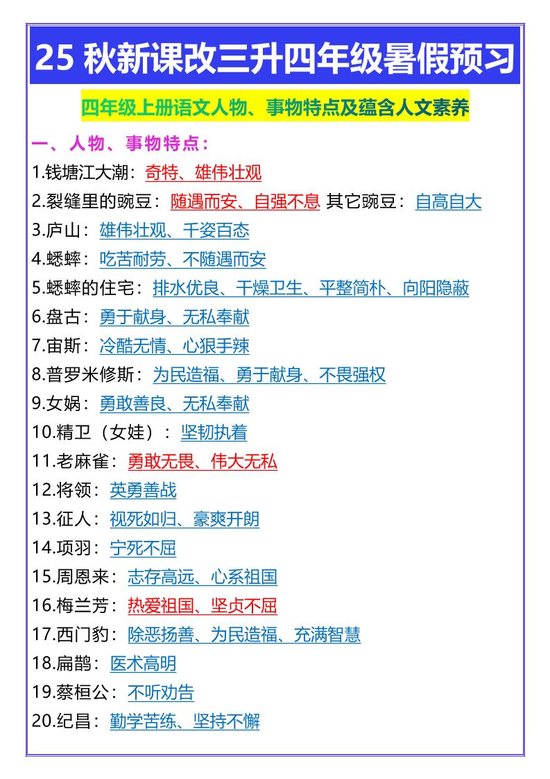 【2025秋新版】四年级上册语文人物、事物特点及蕴含人文素养