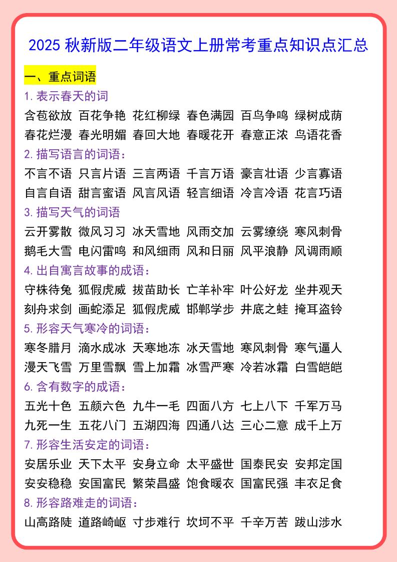 【2025秋新版】二年级语文上册常考重点知识点汇总