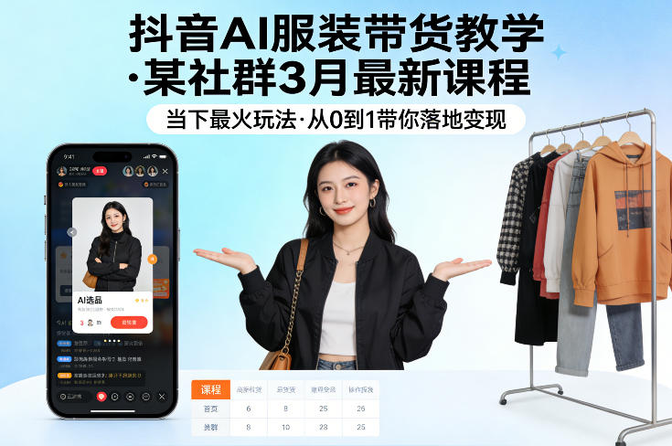 抖音AI服装带货教学,某社群3月最新课程,当下最火玩法,从0到1带你落地变现