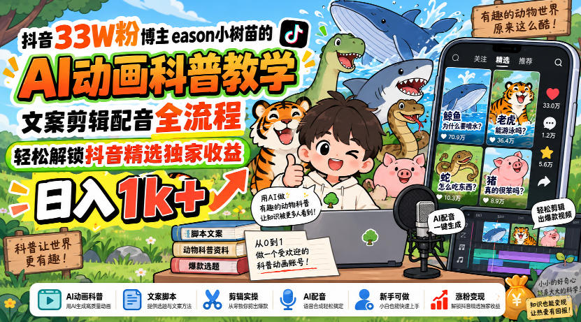 抖音33W粉博主eason小树苗的AI动画科普教学，文案剪辑配音全流程，轻松解锁抖音精选独家收益，日入1k+
