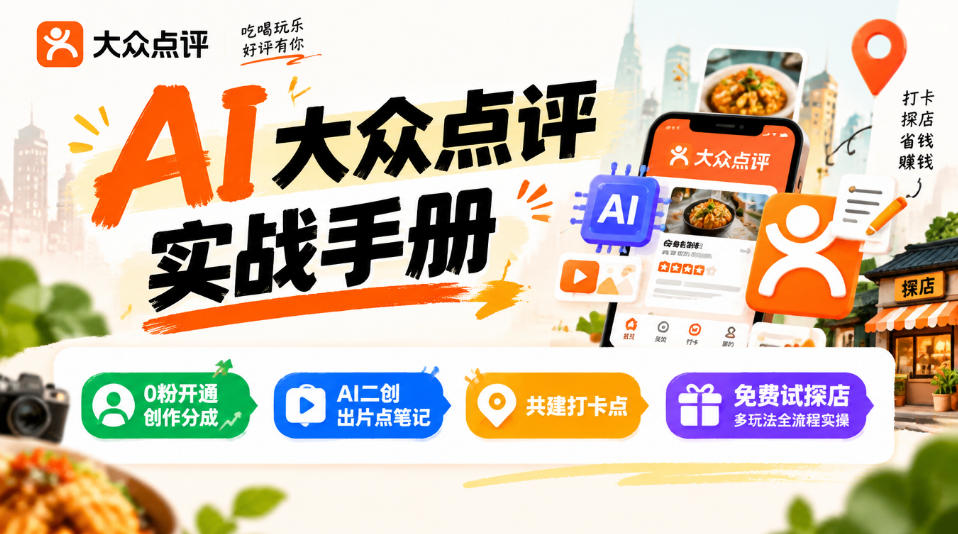 某局的AI大众点评实战手册,0粉开通创作分成、AI二创出片点笔记、共建打卡点、免费试探店多玩法全流程实操