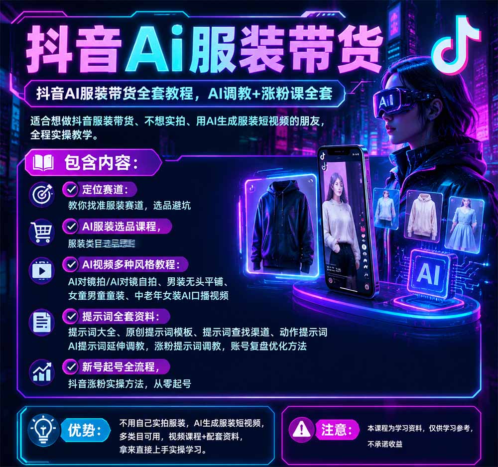 抖音AI服装带货全套教程,不靠真人出镜,利用AI批量制作服装带货短视频,打通选品、AI提示词调教、起号涨粉全流程