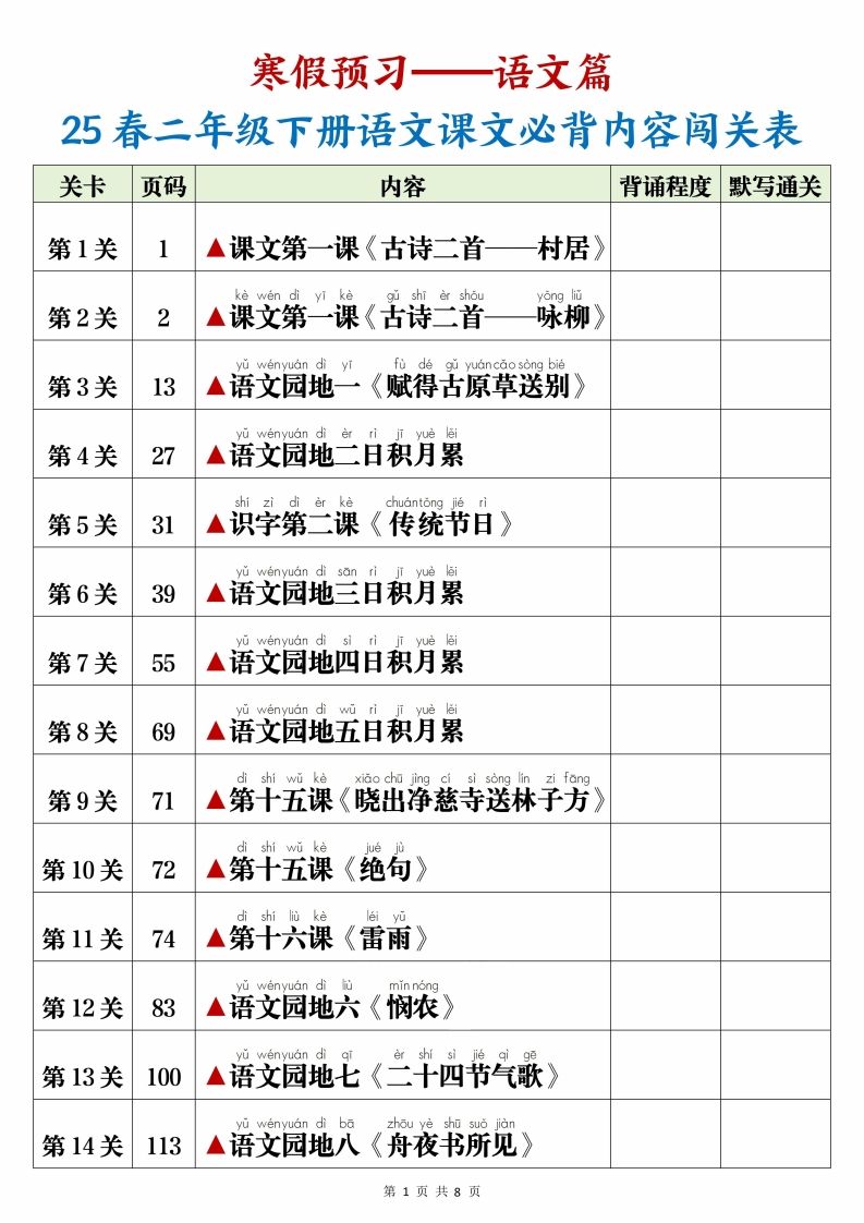 25春二下语文课文必背内容闯关表+默写8页